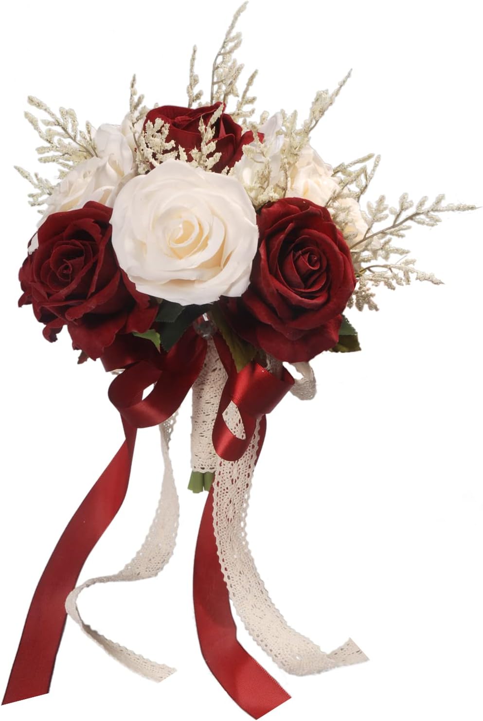 LEIFENYWedding Bouquets for Bride, Champagne White & Burgundy Bridal Bridesmaid Wedding Flowers, Artificial Toss Rose for Civil Ceremony (Hollow Lace Ribbon Handle)
