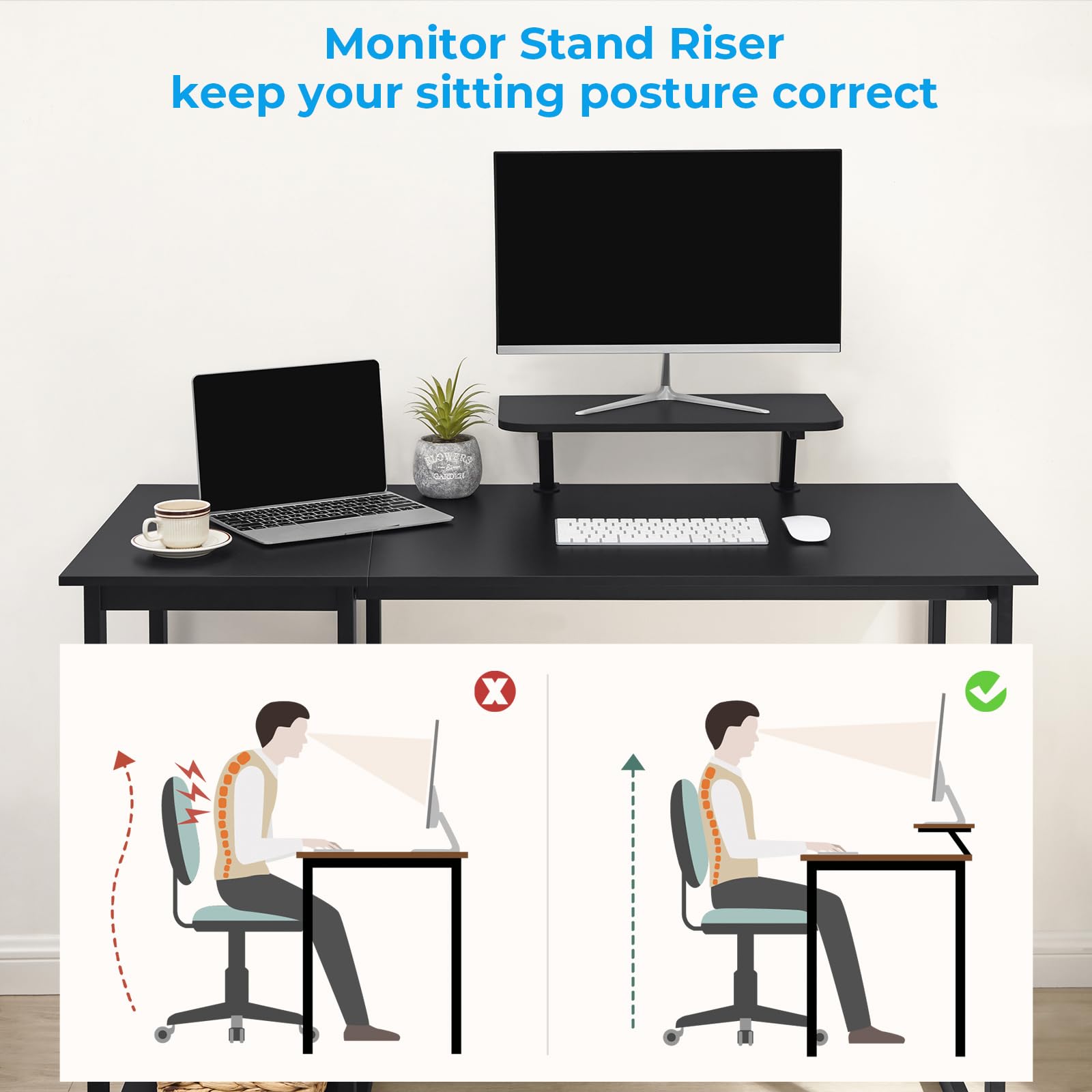 GreenForest Computer Home Office Schreibtisch mit Monitorständer und Speicherregale auf Der linken Oder rechten Seite,47 Zoll modernes Schreiben Studie PC Laptop Arbeitstisch, Schwarz