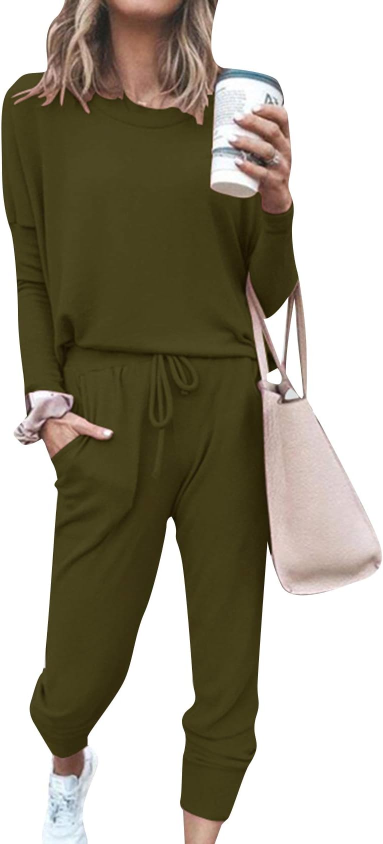 EFOFEI Women Pajamas Set Casual Top and Bottom Loungewear T-Shirt + Plaid Pants Long Round Neck