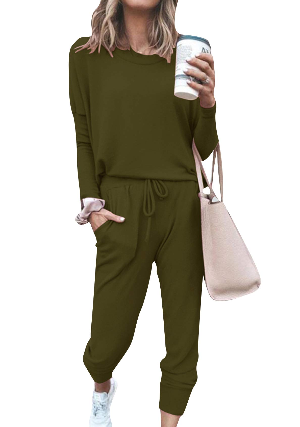 EFOFEI Women Pajamas Set Casual Top and Bottom Loungewear T-Shirt + Plaid Pants Long Round Neck