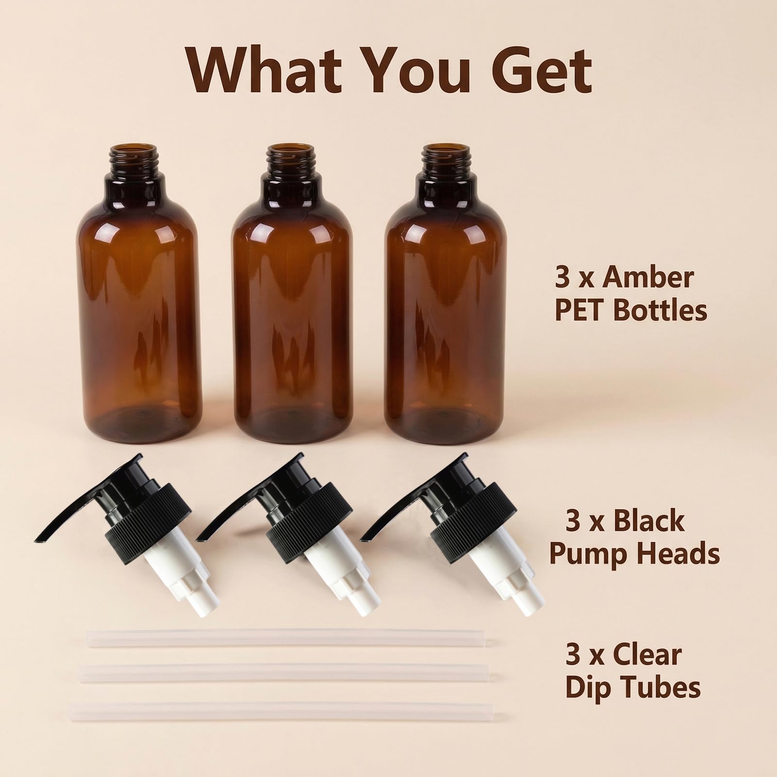 3 bottiglie ricaricabili in plastica PET marrone ambrata da 250 ml, con pompa nera, contenitori vuoti per cosmetici, shampoo, balsamo, gel doccia, lozioni, dispenser, Marrone, 250 ML