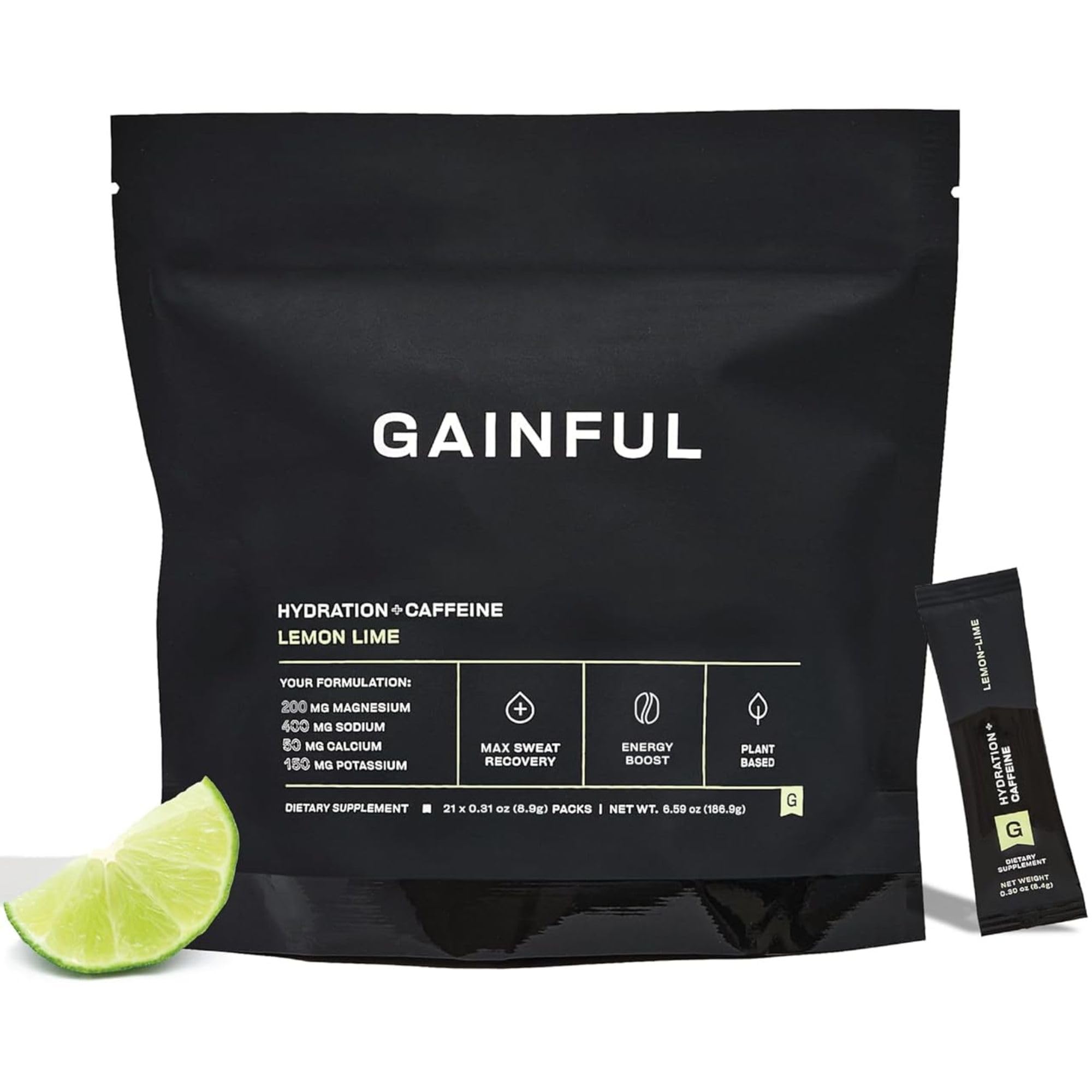 Gainful Hydration + Caffeine Packets with Key Electrolytes Magnesium & Sodium + L Theanine, Low Sugar Drink Mix, Lemon Lime, 21 Sticks