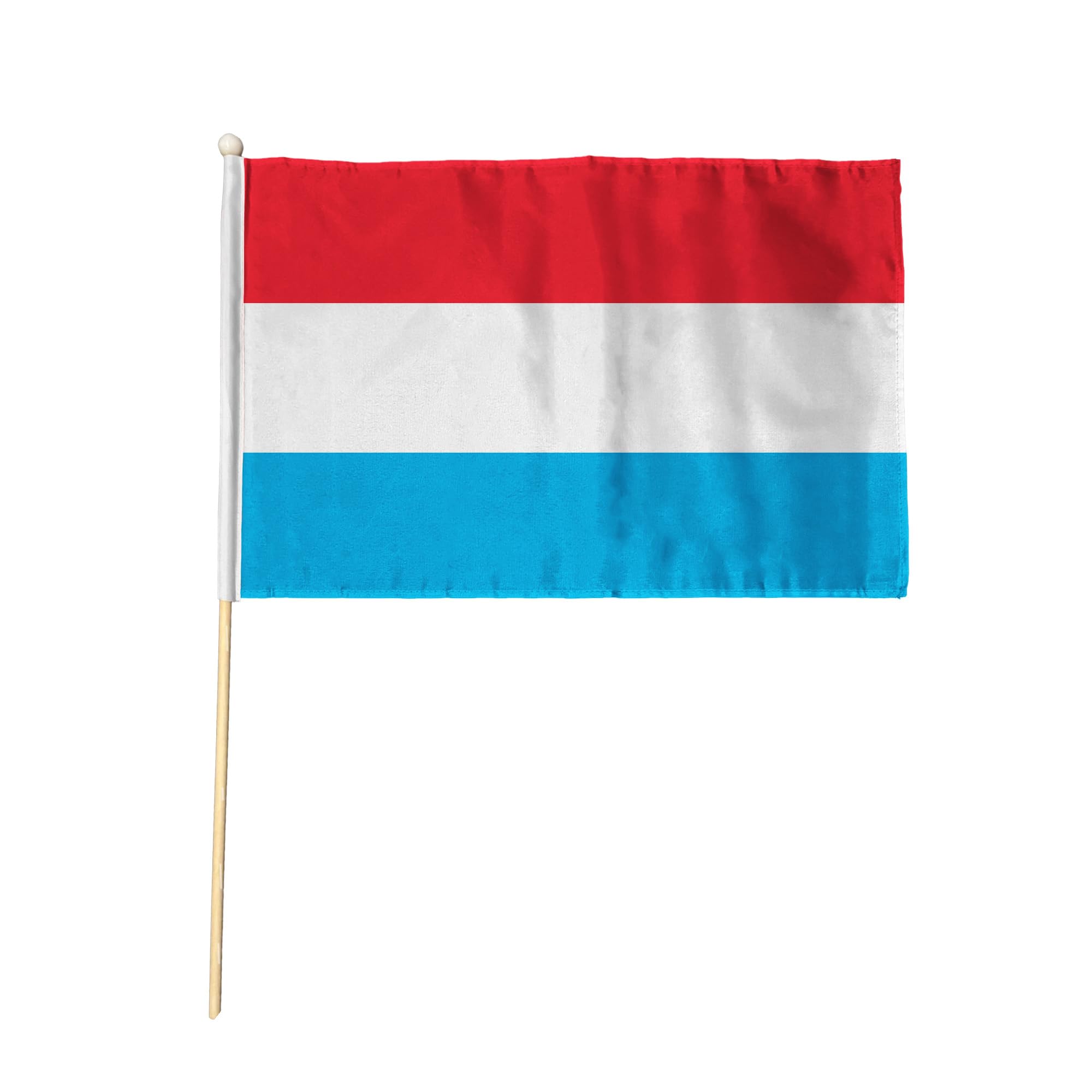 Flagtex Luxembourg Hand Waving Flag (18x12 Inch Large) - Premium Wooden Stick Hand Flag Big Size Natural Wood Pole European Red White Light Blue Horizontal Stripes Flag — image 1