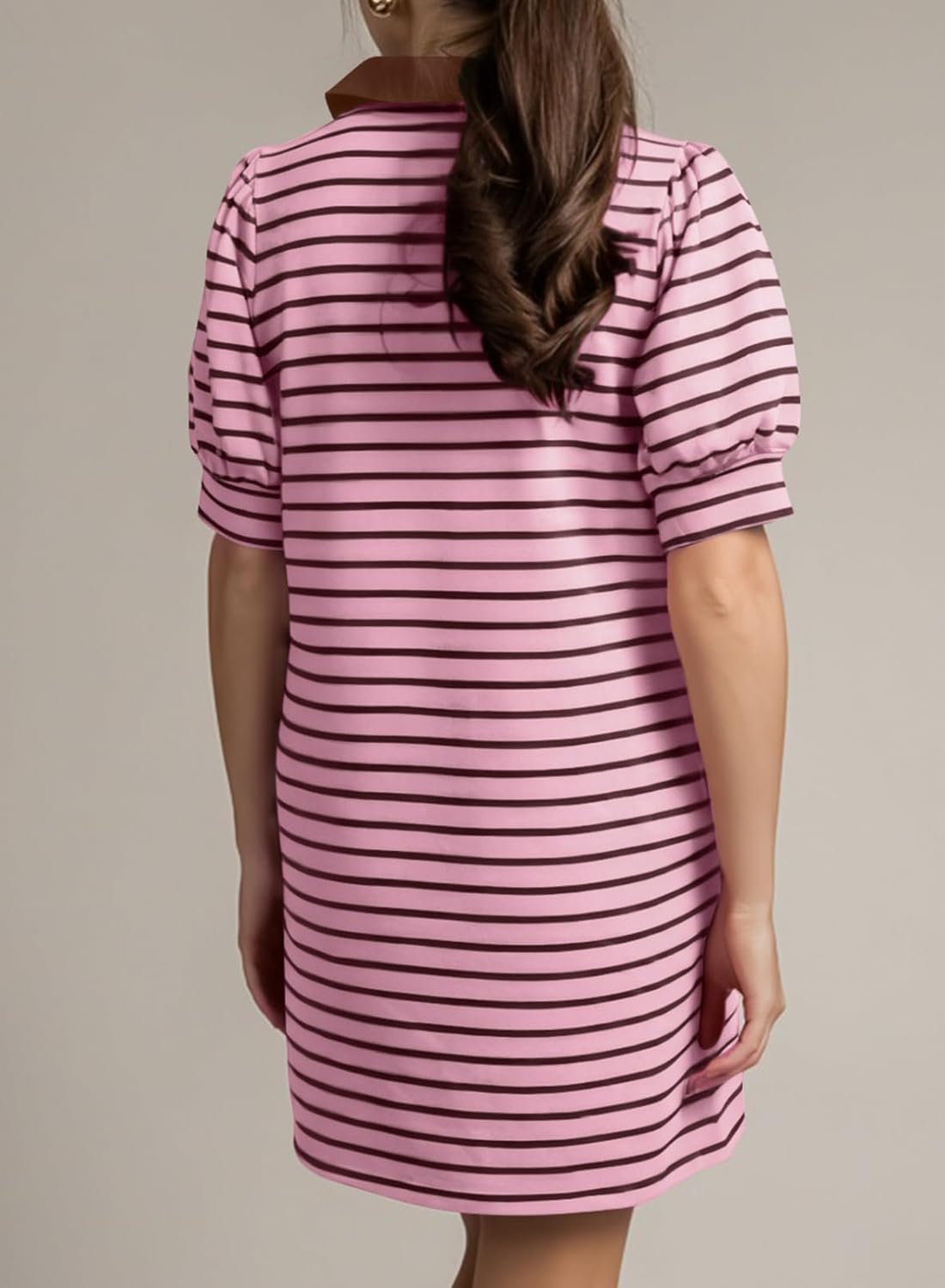 BLENCOT Women's Casual Polo V Neck T Shirt Striped Dress Summer Puff Short Sleeve MIdi Dresses - Image 2