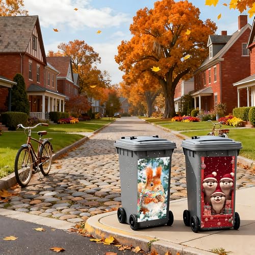 Image of 2 PC Trash Can Sticker 14.57 x 32.28 Inch Cute Otter and Squirrel Christmas Design Vinyl Sticker with Santa Hat Pinecone Gift and Snowflake Pattern for Outdoor Garbage Bin Yard Decor