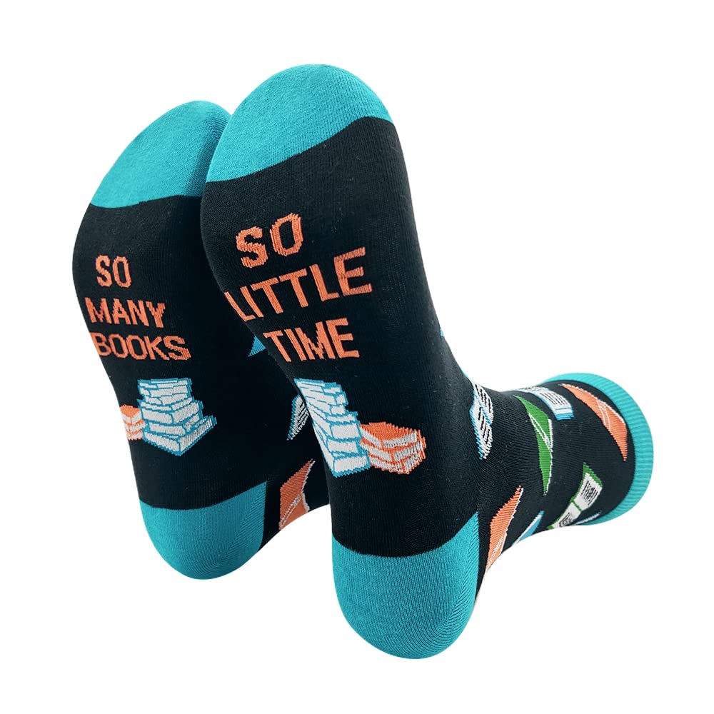 So Many Books So Little Time, Funny Cozy Breathable Printed Cotton Socks, Unisex Novelty Knitted Socks, Gifts for Nerd Reader Book Lovers Teachers, Book and Reading Gifts for Adults