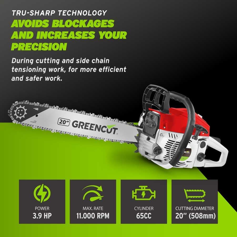 Chainsaw with power, max rate, cylinder, and cutting diameter specifications