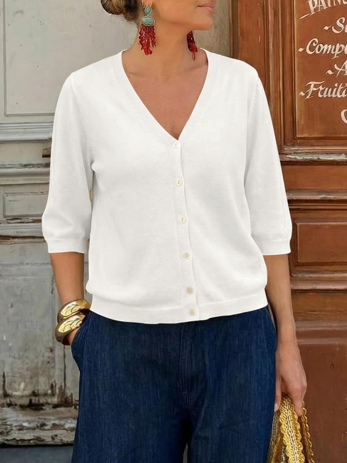 Saodimallsu Womens Half Short Sleeve Cardigans Summer Lightweight Knit V Neck Button Down Casual Sweater Tops - Image 4