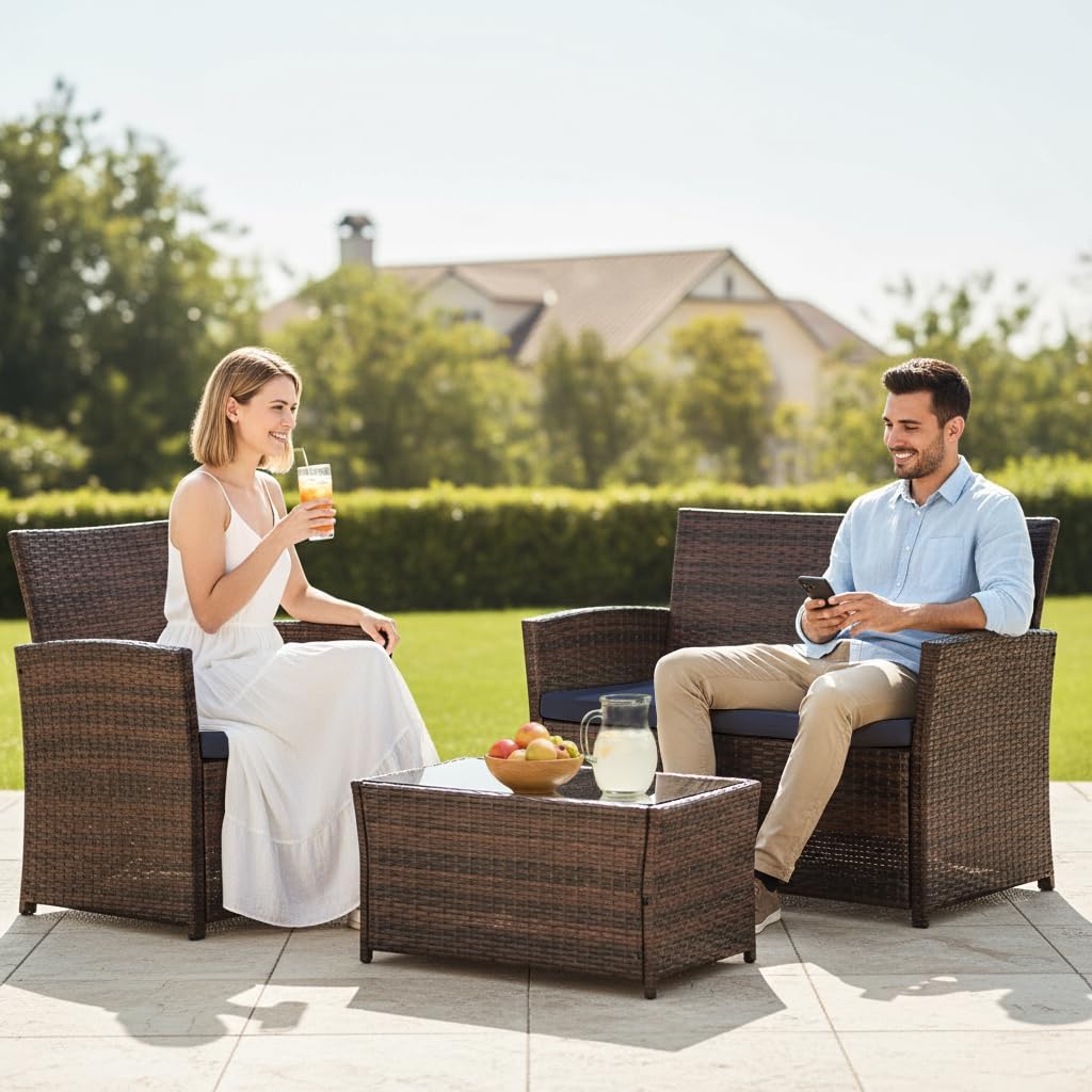 FHFO 4 Piece Outdoor Patio Furniture Sets, Patio Sectional Furniture Conversation Sofa Set, Rattan Table and Chairs and Loveseat with Cushions for Outside Balcony Porch Backyard (Brown-Blue)