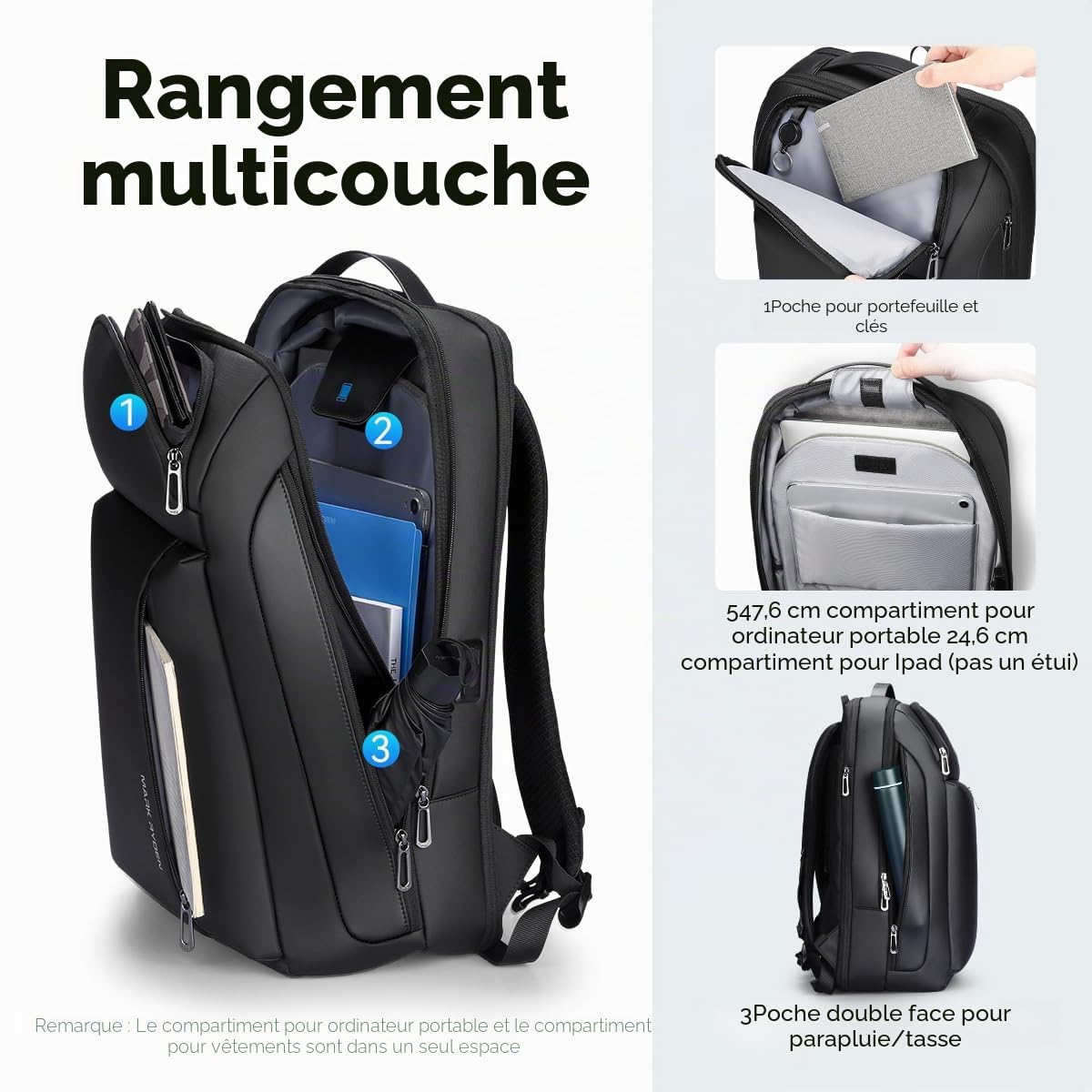 MARK RYDEN Sac à dos pour ordinateur portable d'affaires de 15,6 pouces, extensible de 25 à 35 L, sac à dos de voyage de grande capacité, sac à dos de cabine étanche 45 x 30 x 25 cm, sac à dos de