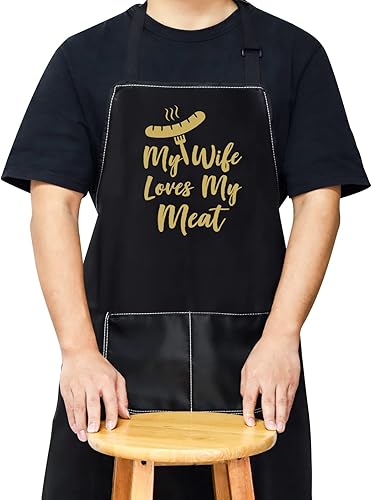 Miniatura 1 de WZMPA My Wife Loves My Meat Delantal divertido para asar a la parrilla, delantal ajustable con bolsillos para marido, novio