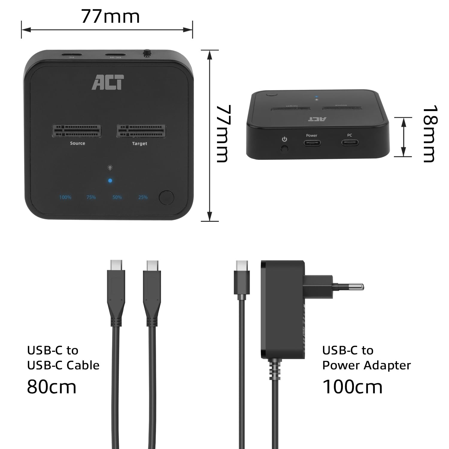 ACT M.2 NVMe/PCIe Dual SSD stacja dokująca, klonowanie offline i tworzenie kopii zapasowych danych, kabel USB-C 3.2 Gen2 10 Gbps, do M-Key i B+M-Key, Heatsink, bez montażu – AC1502