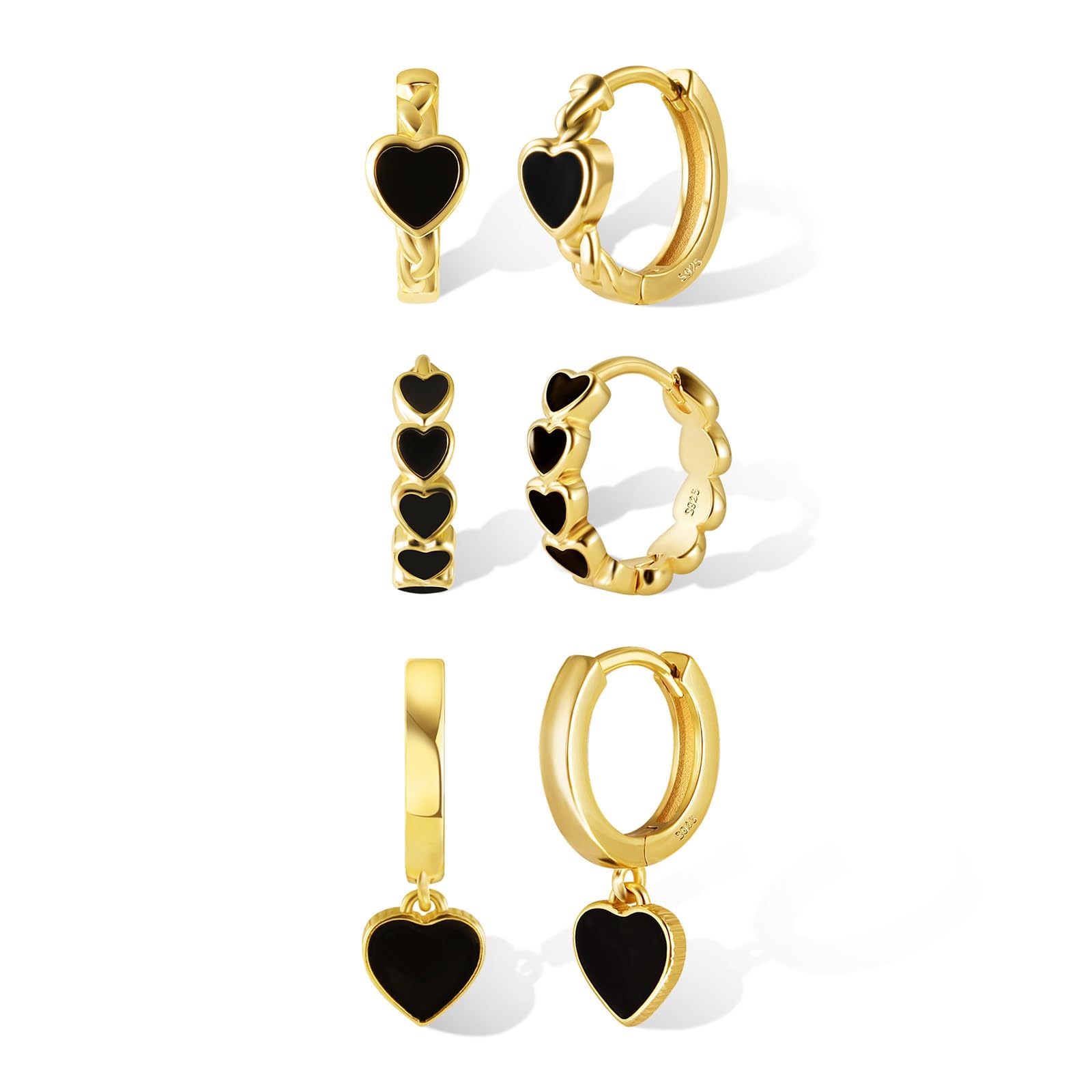 ALEXCRAFT Set Orecchini Donna Cuore Argento 925 Set Pendenti Cuore Piccoli Nero 14K Oro Placcato
