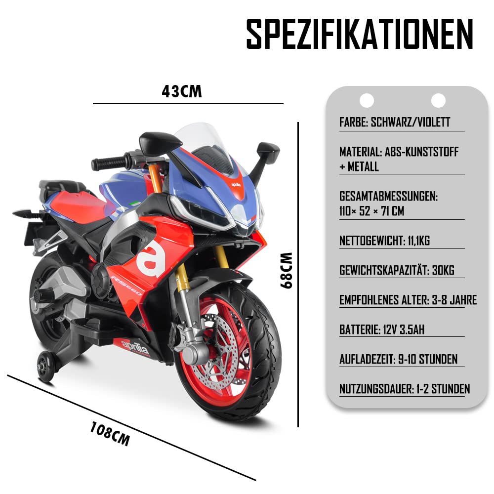 Kinder Elektro-Motorrad Aprilia RS660 12V Batterie MP3 Realistischer Sound und Lichter mit Stützräder 3-8 Jahre (Schwarz)