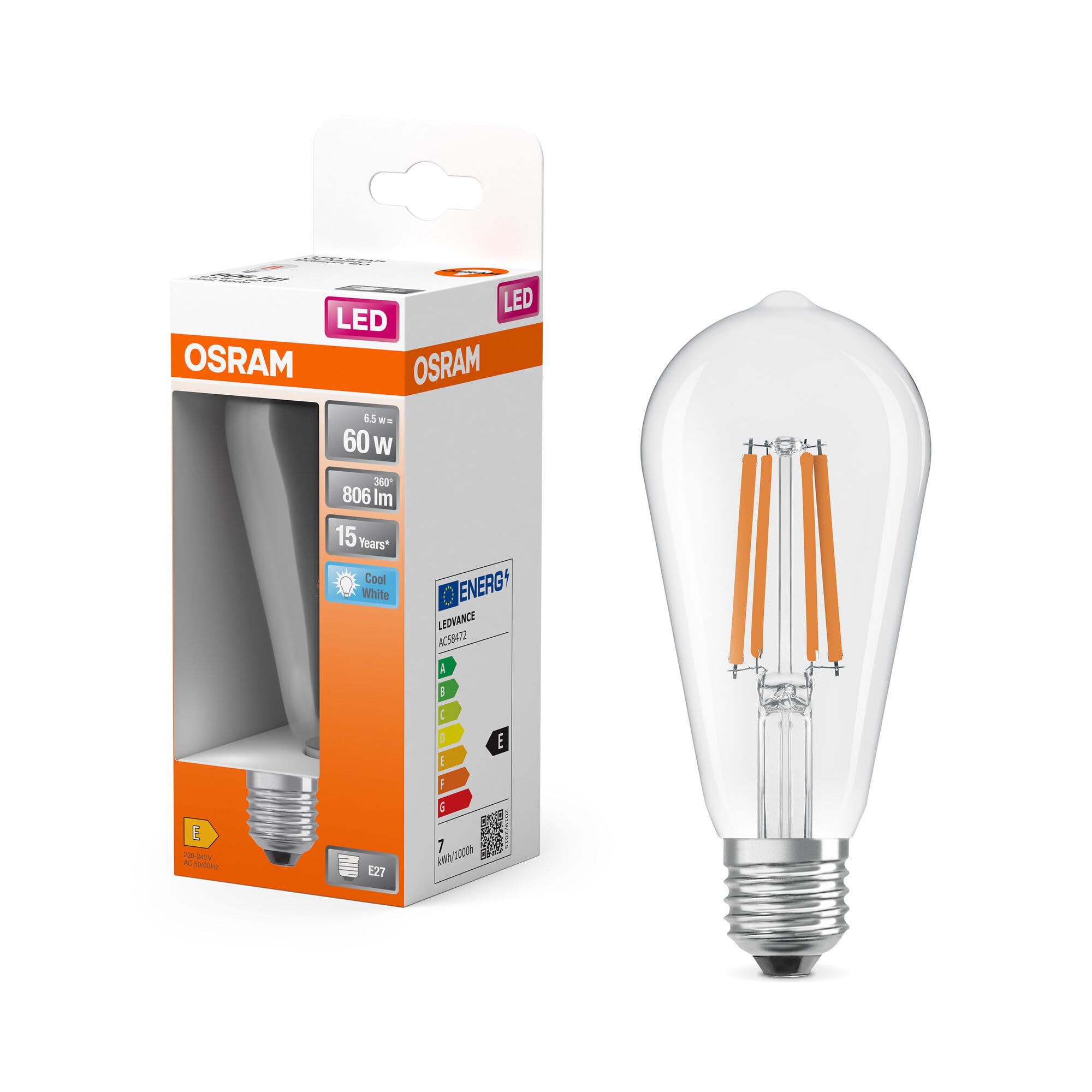 OSRAM LED Star Globe con forma de bombilla Edison clásica, 6,5 W / 806 lm, | , LED Lamps, 64.00 Millimetres dia, , Paquete de 6