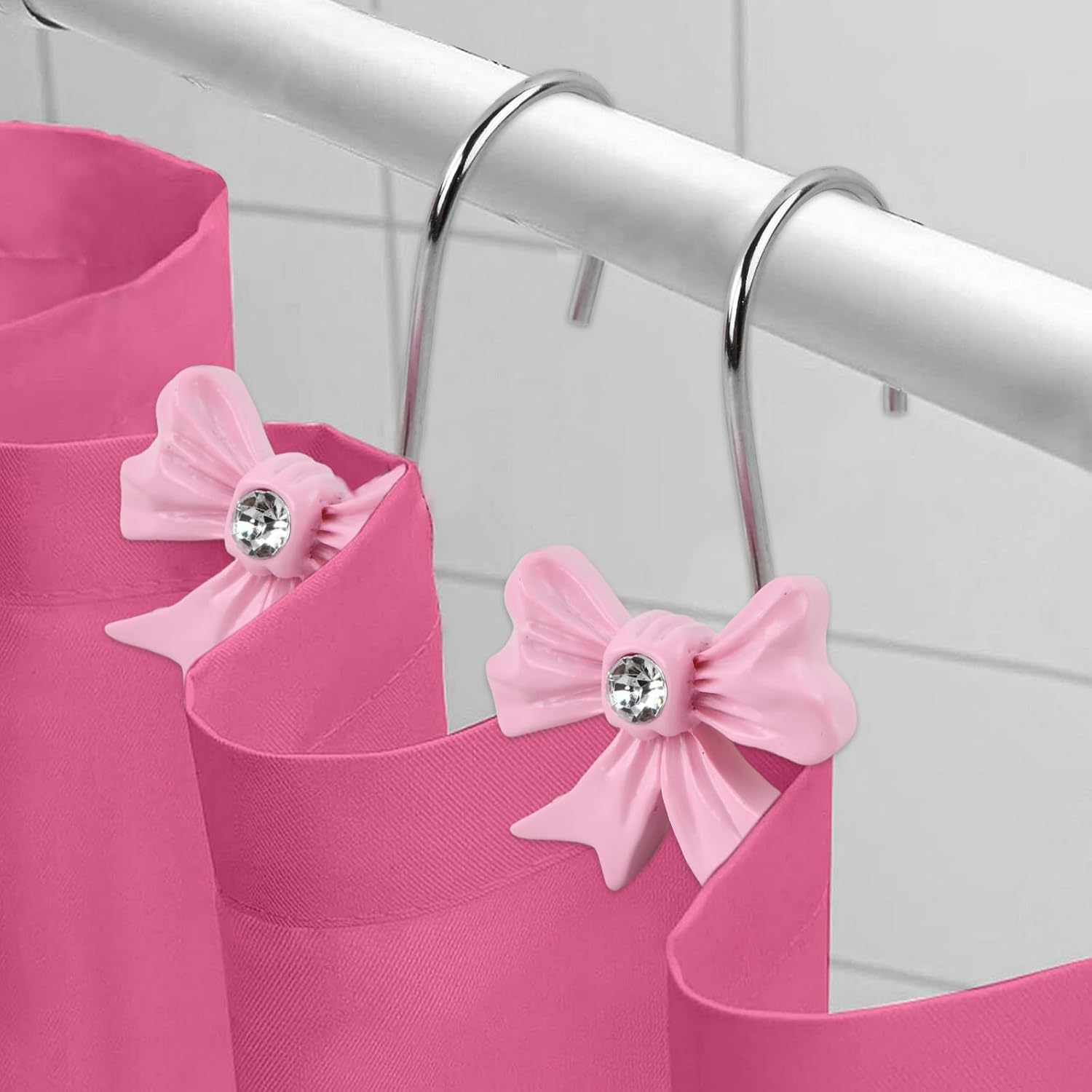 Pack of 12 Shower Curtain Hooks, Metal Resin Shower Curtain Hooks, Pink Bow Knot Shower Curtain Hooks, Cute Shower Curtain Rings for Bathroom, Baby Room, Children's Room, Art Decorations.