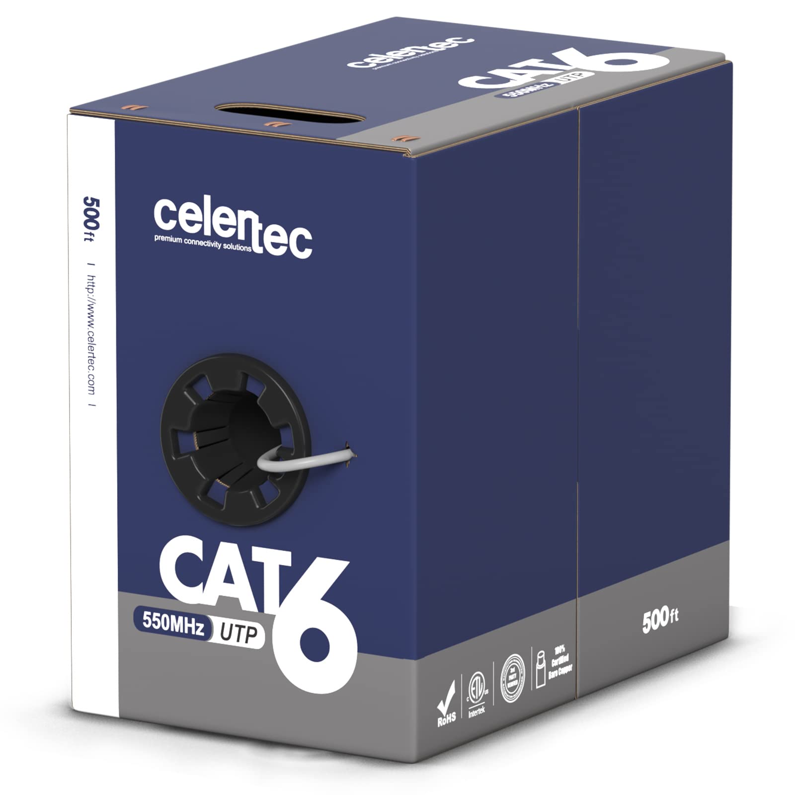 celertec Cable Ethernet CAT6, 500 pies, cobre desnudo sólido de 23 AWG, pares trenzados sin blindaje (UTP), 550 MHz, listado ETL y clasificación CMR Riser, interior, cable Ethernet a granel, gris