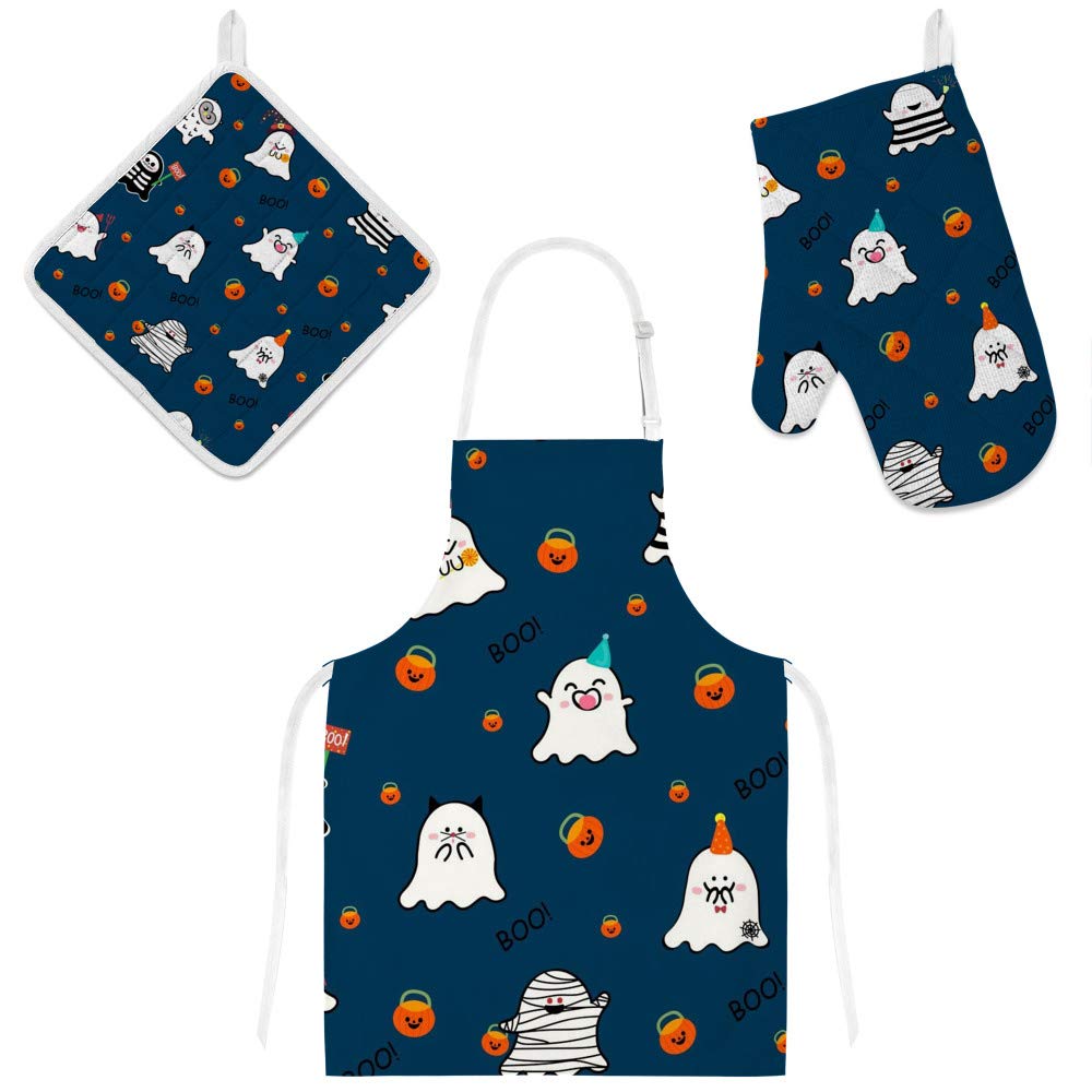 Tabliers de cuisine Halloween en tissu premium avec maniques de protection