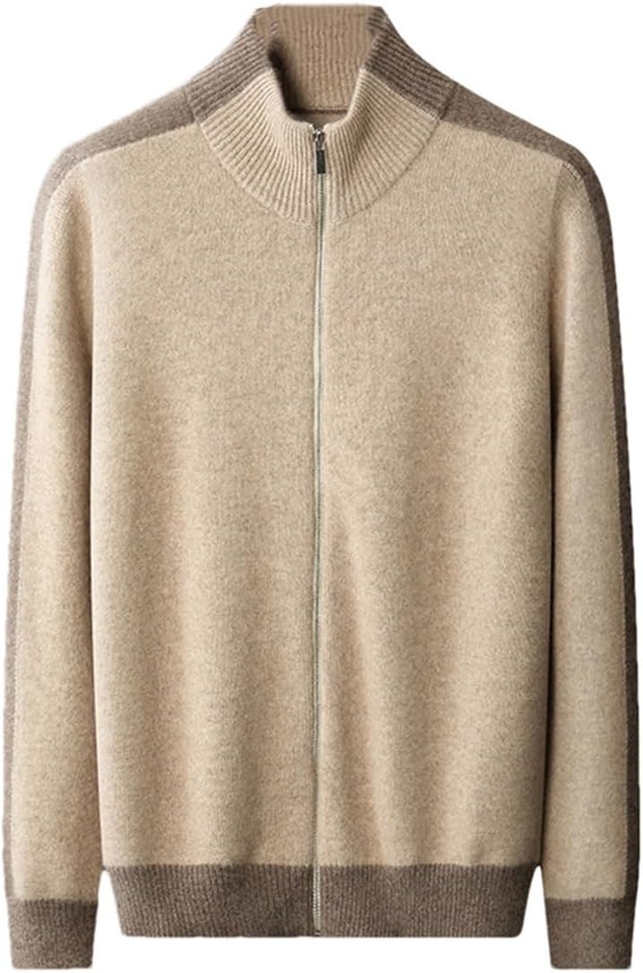 Autumn Winter Men's 100% Goat Cashmere Stand Neck Zipper Cardigan Knitted Long Sleeves Color Contrast Jacket