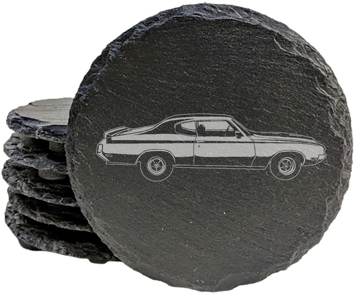 Rustic Slate Coasters Set with Laser-Etched 1970 Buick GSX Image | Chipped Edges, Rubber Feet | Home Décor Drink Mats - Round Slate - Set of 5
