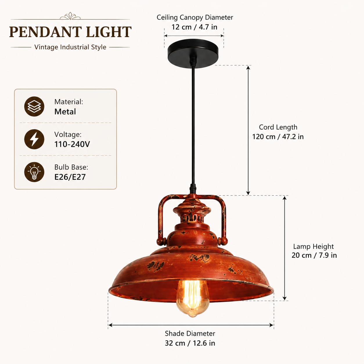 Rustykalna czerwona lampa wisząca z postarzanym metalowym kloszem, E26/E27