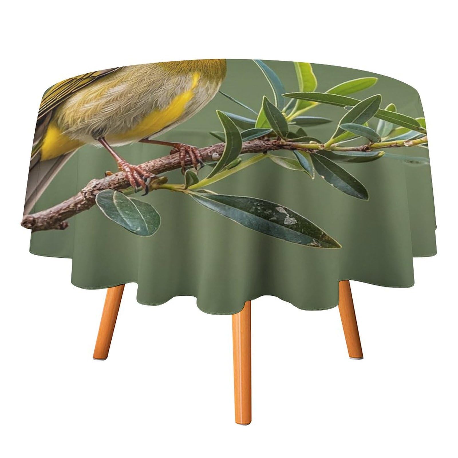 Nappe ronde vert olive motif oiseaux, linge de table haut de gamme