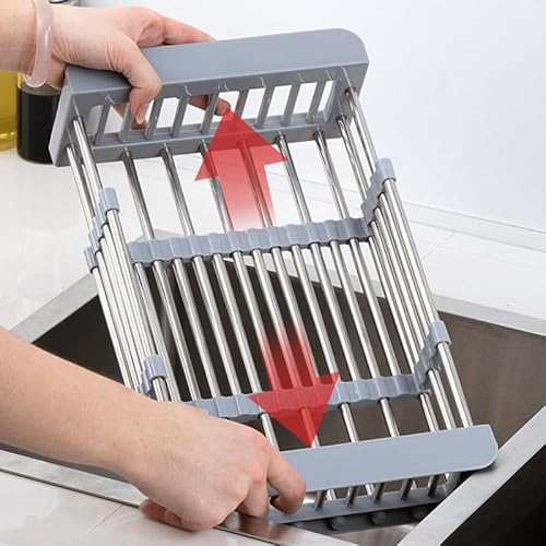 Expandable Stainless Steel Drain Basket, Dish Drying Rack Kitchen Sink Organizer, Over The Sink Dish Drying Rack, Gray (Large)