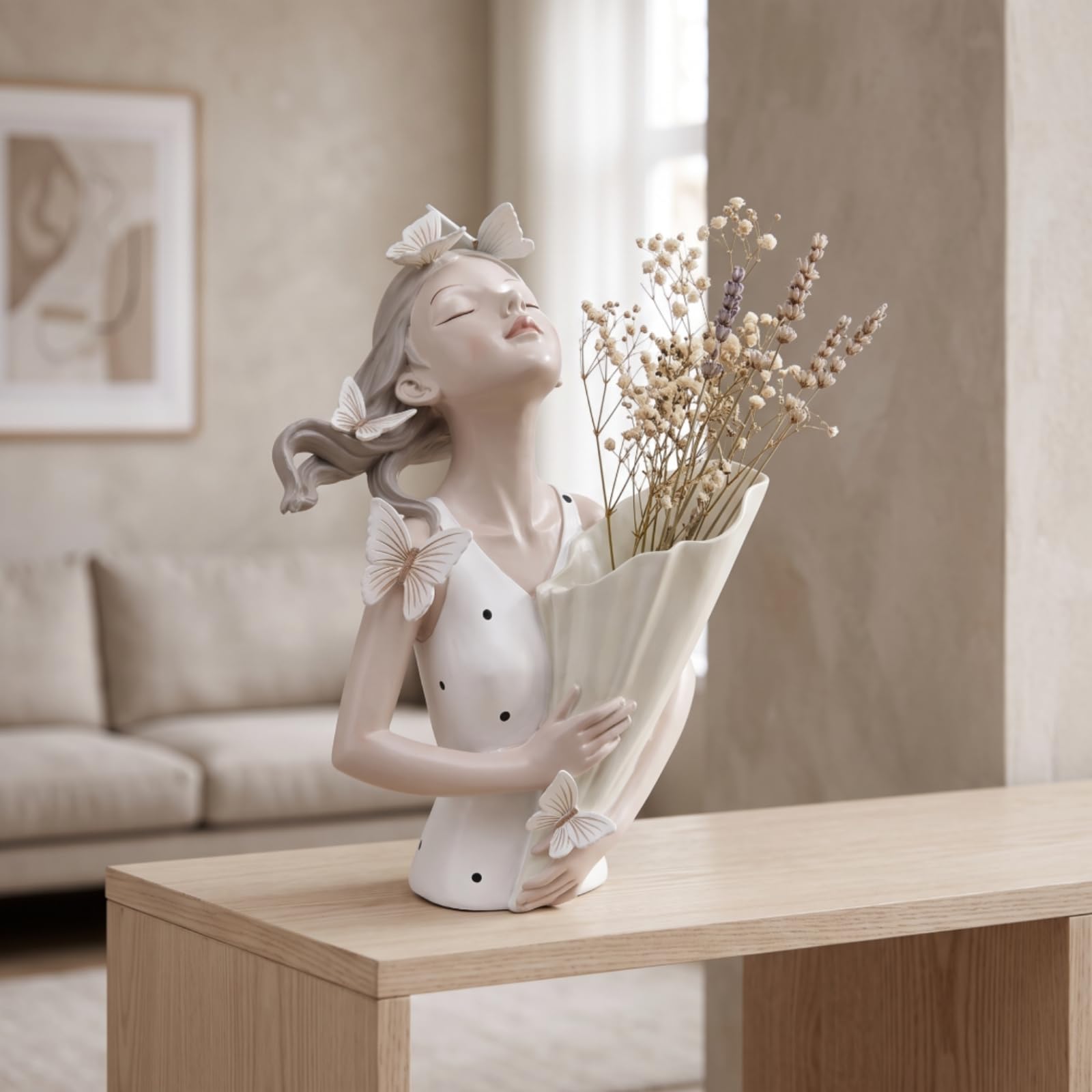 Dekorative Harzvase Mädchen Büste Blumenvase Schmetterling Figurine Handbemalt Kreative Wohndeko für Wohnzimmer Bücherregal Schreibtisch Geschenk, Grün