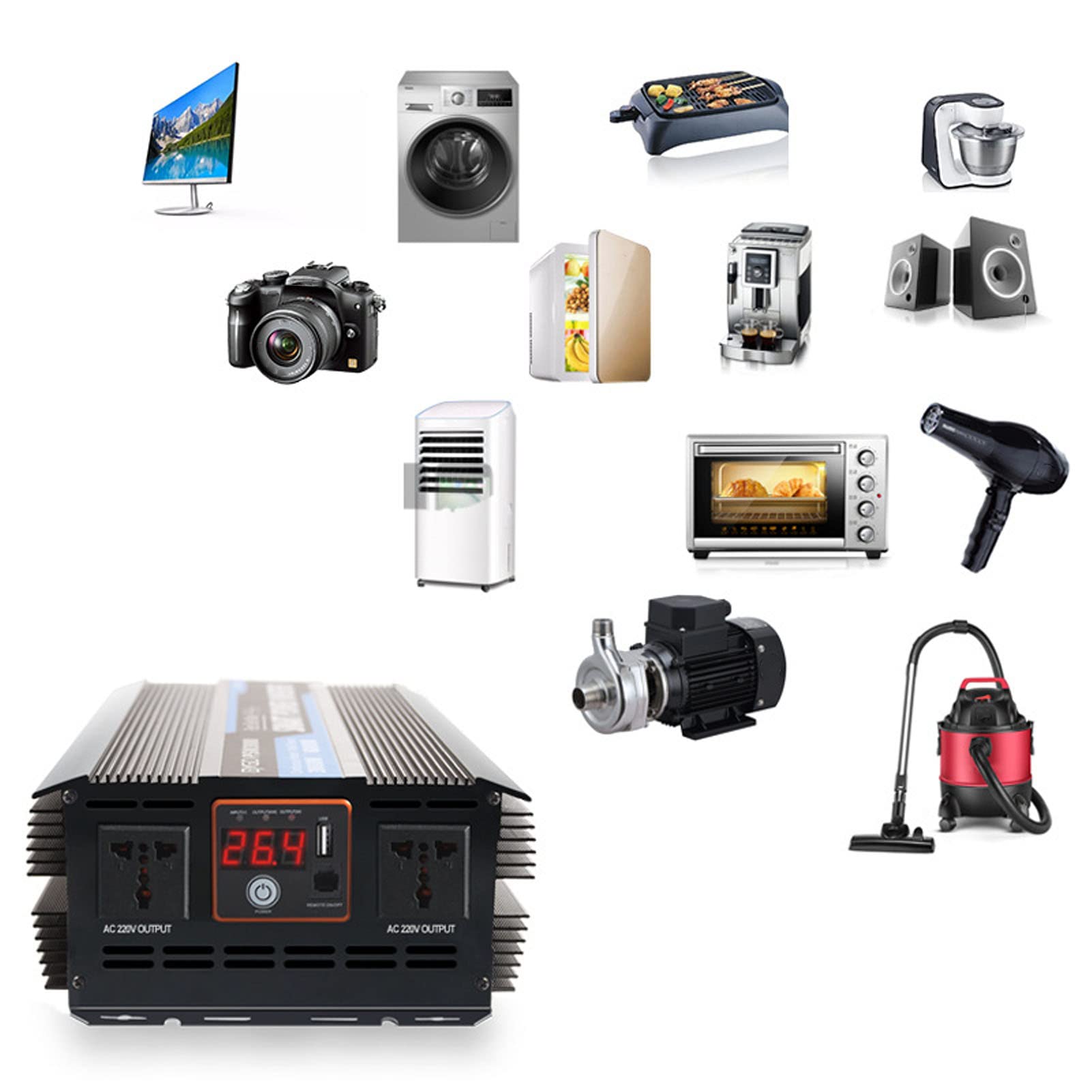 FTVOGUE Przetwornica Napięcia Przetwornica Czystej Fali Sinusoidalnej 4000 W DC 12 V na 220 V AC Stop Aluminium ABS z 2 Gniazdami Prądu Przemiennego Port USB i Zabezpieczenie Do Podróży Samochodem