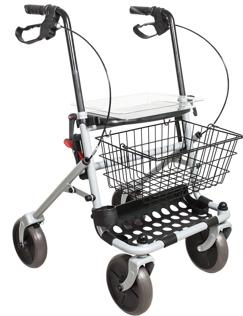 Ausilium Rollator Basic Pieghevole in Acciaio a 4 Ruote Ø 20 cm, Ruote Anteriori Piroettanti, Freno a Leva, Seduta, Cestino e Vassoio Inclusi, Portata 120 kg, Altezza Regolabile