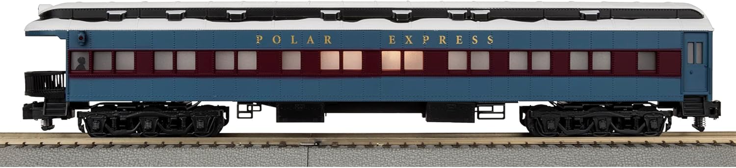 Side view of a Lionel The Polar Express passenger coach car with interior illumination.