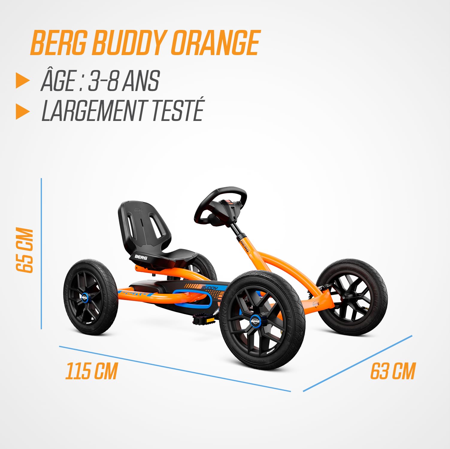 BERG Kart à pédales Buddy B-Orange 3-8 ans cadre robuste selle réglable volant réglable