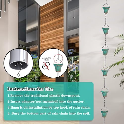Miniatura 4 de Cadenas de lluvia de cobre de 11 pies para exterior, 12 tazas de cadena de recogedor de lluvia de repuesto para canalones, longitud ajustable