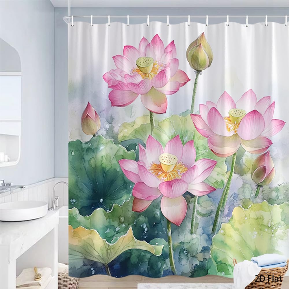 Glwdmb R-19 1 Piece 180X200cm Watercolor Pink Lotus Printed Shower Curtain With Hook, Polyester, For Windows And Walls, Bathtub, Bathroom, Machine Washable, All Season Universal