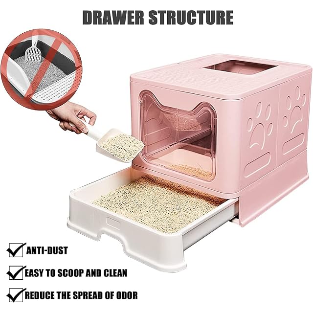 Foto 7 de 8 de Arenero para gatos cerrado, gran caja de arena plegable con techo a abrir, bandeja y pala extraíbles