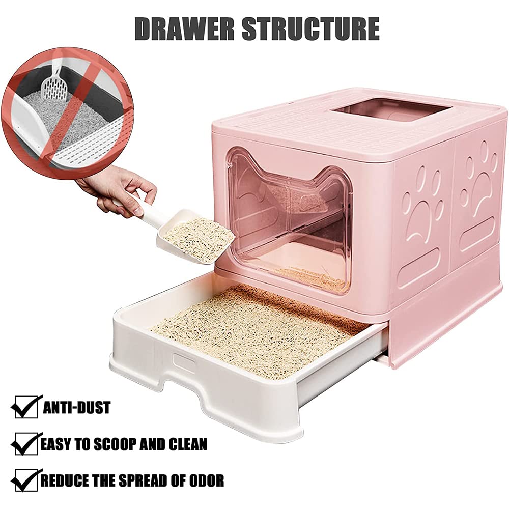Bandeja de arena cerrada para gatos, gran casa Deles WC para gatos plegable con tapa con extracción de bandeja, pala y adecuada para gatos grandes (rosa cerezo, 51 x 41 x 38)