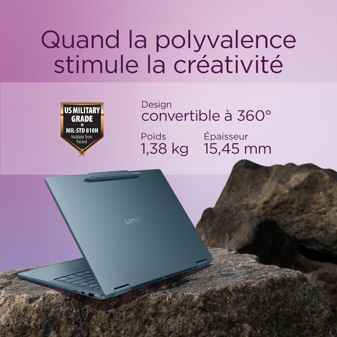 Lenovo Yoga 7 2-in-1 14AKP10 - Ordinateur Portable 2-en-1 14'' OLED Tactile Copilot+(AMD Ryzen AI 7 350, RAM 16Go, SSD 512Go, AMD Radeon 860M, Windows 11 Home) Clavier rétroéclairé AZERTY - Tidal Teal