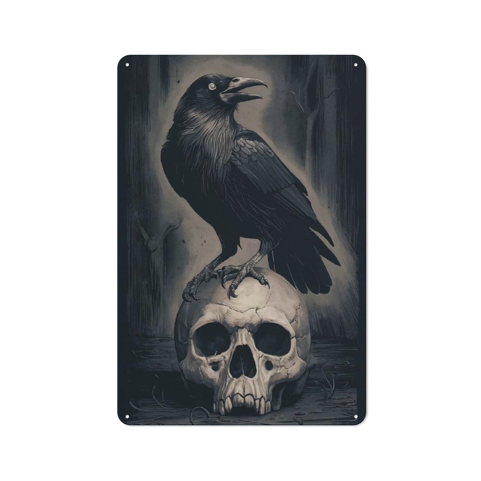Junmoney Raven On Skull Urban Decorative Metal Plaque 30X20cm Featuring Loft Wall Plaque For Loft, Studio, Office Or Creative Room
