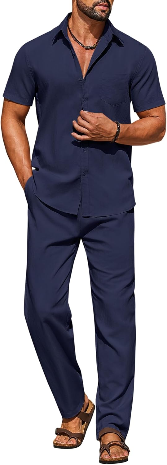 COOFANDY Men's Linen Sets 2 Piece Outfits Casual Short Sleeve Button Down Shirts and Pants Summer Beach Vacation Outfits