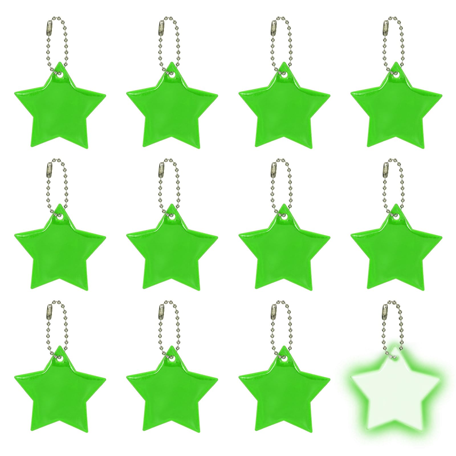 PATIKIL 12 Pcs Reflective Keychain, 2.2in Reflective High Visibility Safety Keychain Tags Pentagram Pendants Bright Zipper Pulls Waterproof for Backpack Running Cycling, Green