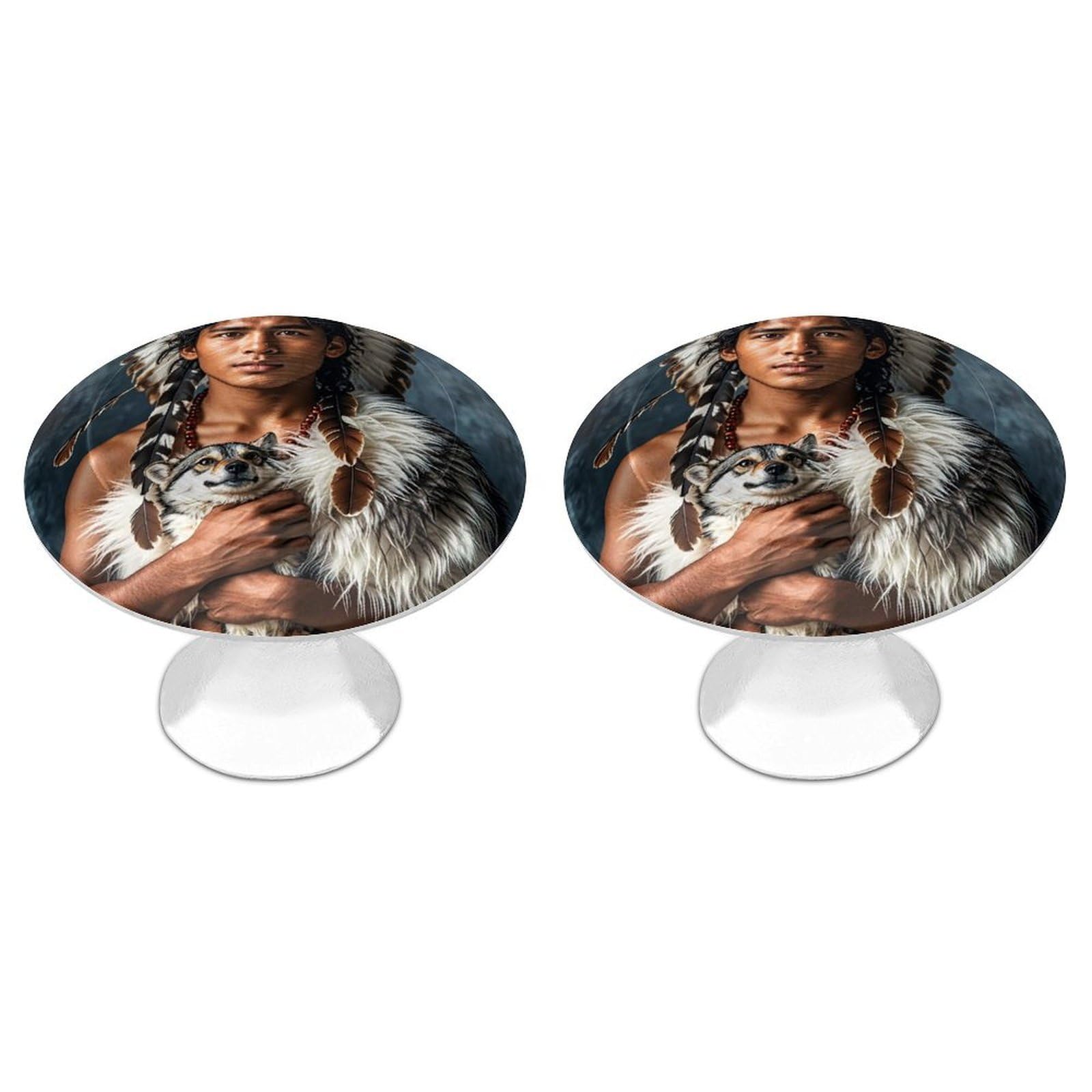 QMNLKH Indigenous People and Wolves Cabinet Knobs for Home, Round Drawer Pulls for Kitchen, Personalized Cupboard Handles with Screw, Fashion Dresser Knobs for Office, Drawer Handles, 2 Packs