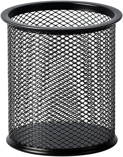 Image of Metal Mesh Pen Stand for Office & Home Desk | Black Stationery Holder Organizer for Pens, Pencils, Markers, Makeup Brushes | Durable Round Wire Mesh Pen Stand (Pack of 1) (Black)