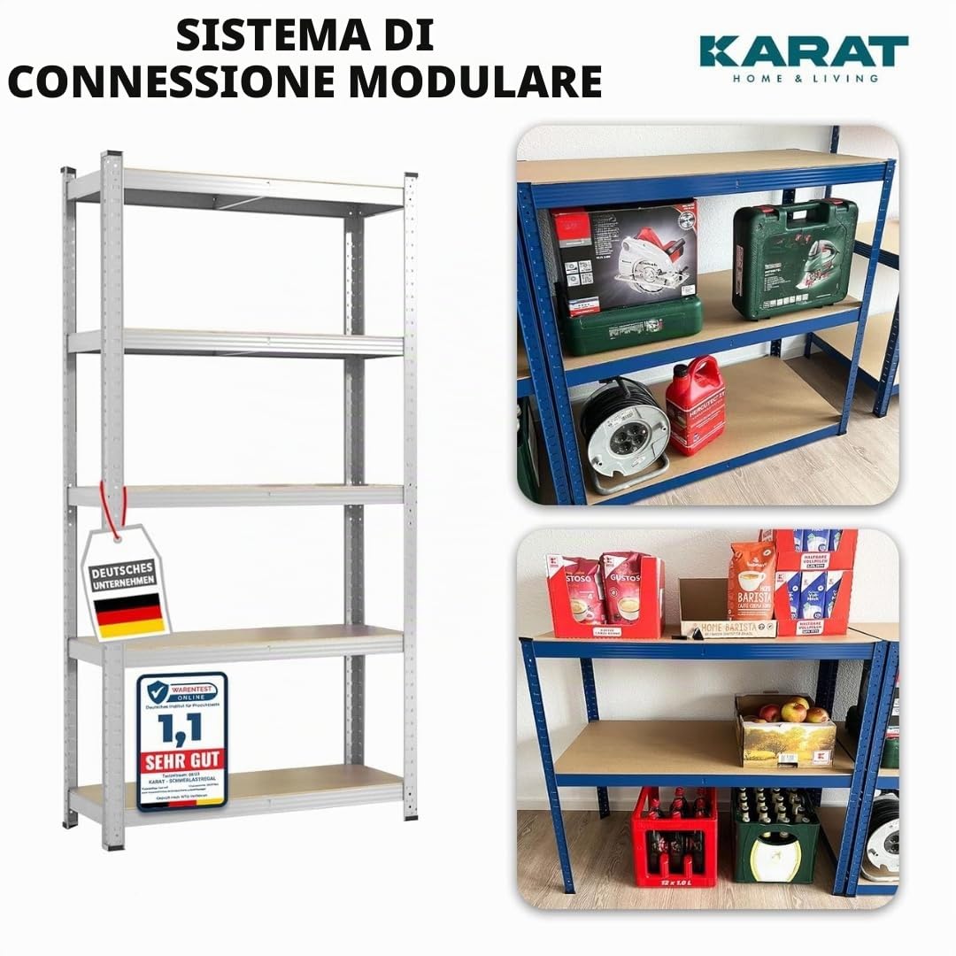KARAT Ripiani per carichi pesanti – Scaffali a innesto con 5 ripiani regolabili – Scaffalature in metallo ideale per cantina garage magazzino – Set di 2 pezzi, modello Lakota (argento, 200 x 100 x 50