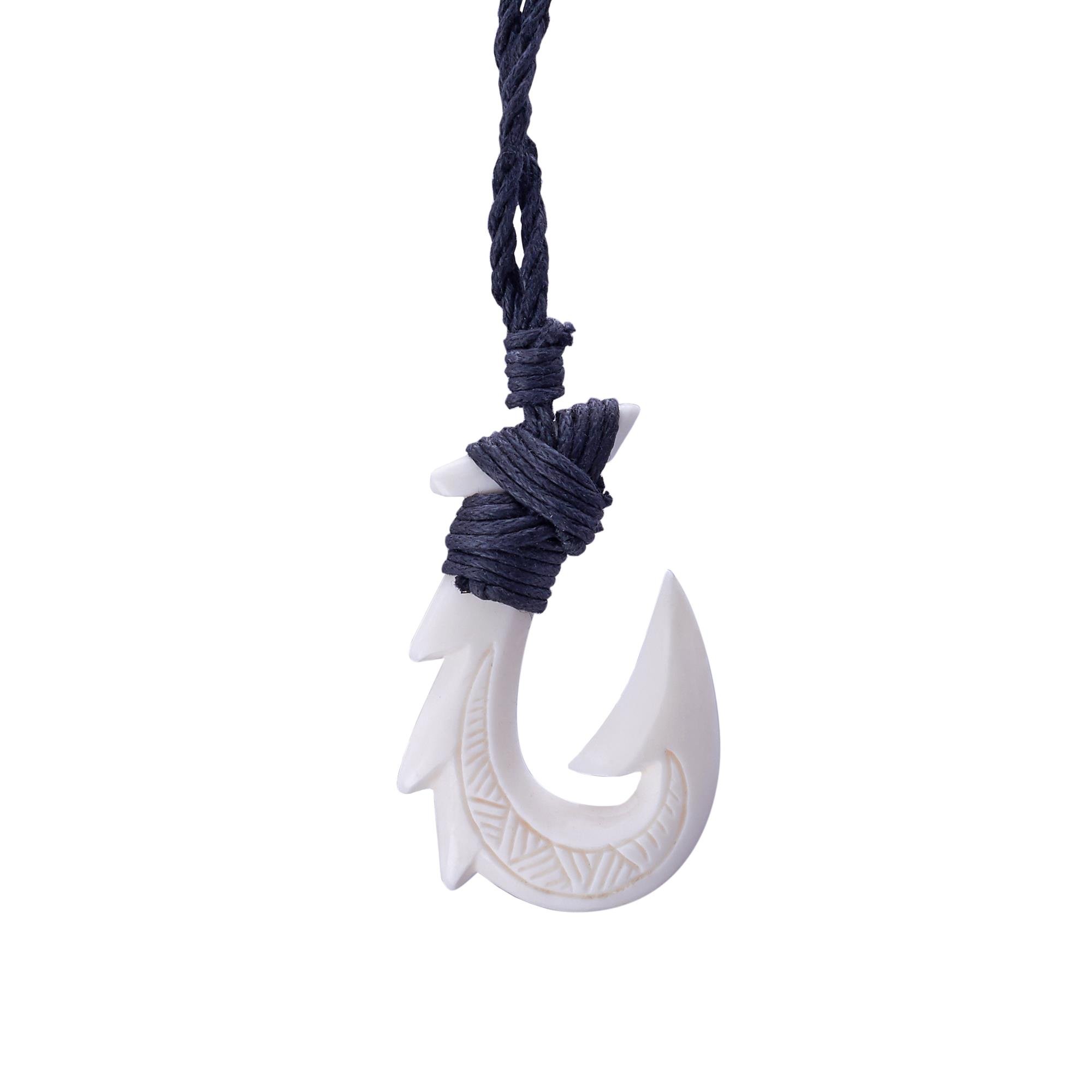 Women's Men's Hand Carved Bone Maori HEI Matau Fish Hook Charm Pendant Necklace
