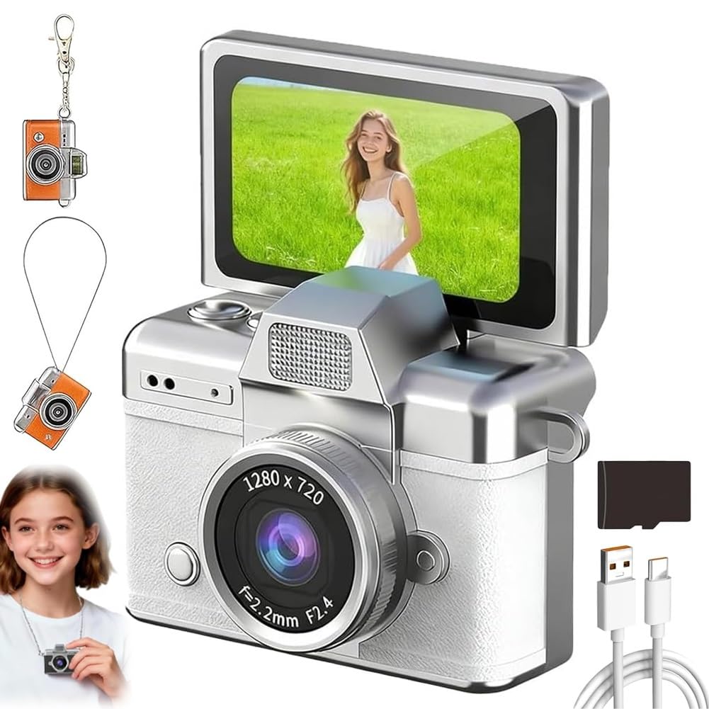 mini digital camera with 1.47 in lcd screen, 1080p retro flip display, built-in flash & keychain size, portable travel pocket camera with 64gb card for concerts study birthday gifts(white,32g)