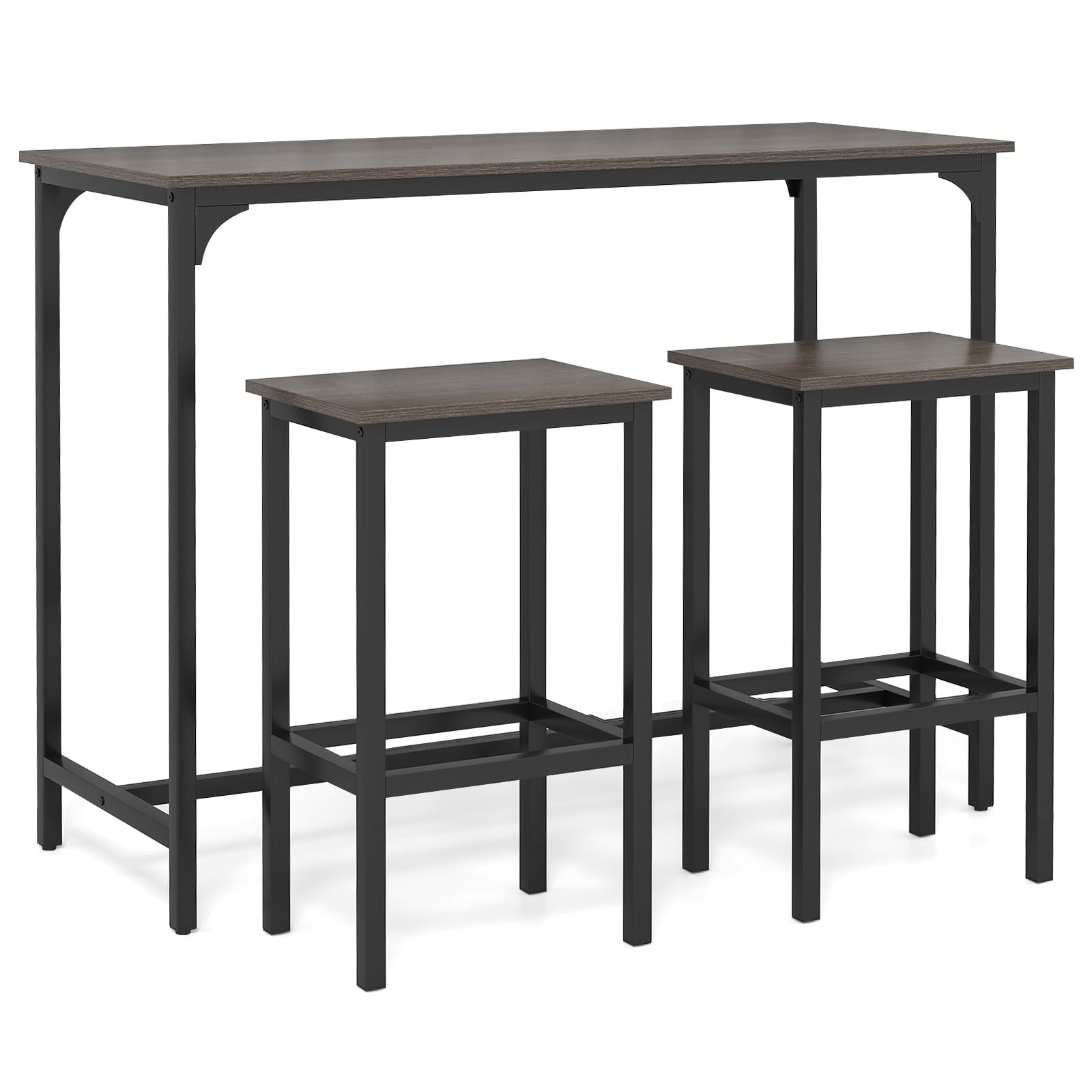 TANGZON Bar Table Set with 2 Stools, 3PCS Breakfast Bar Set with Metal Legs & Footrests, Industrial Counter Dining Table and Stools for Home Kitchen Pub Cafe Restaurant (Gray+Black)