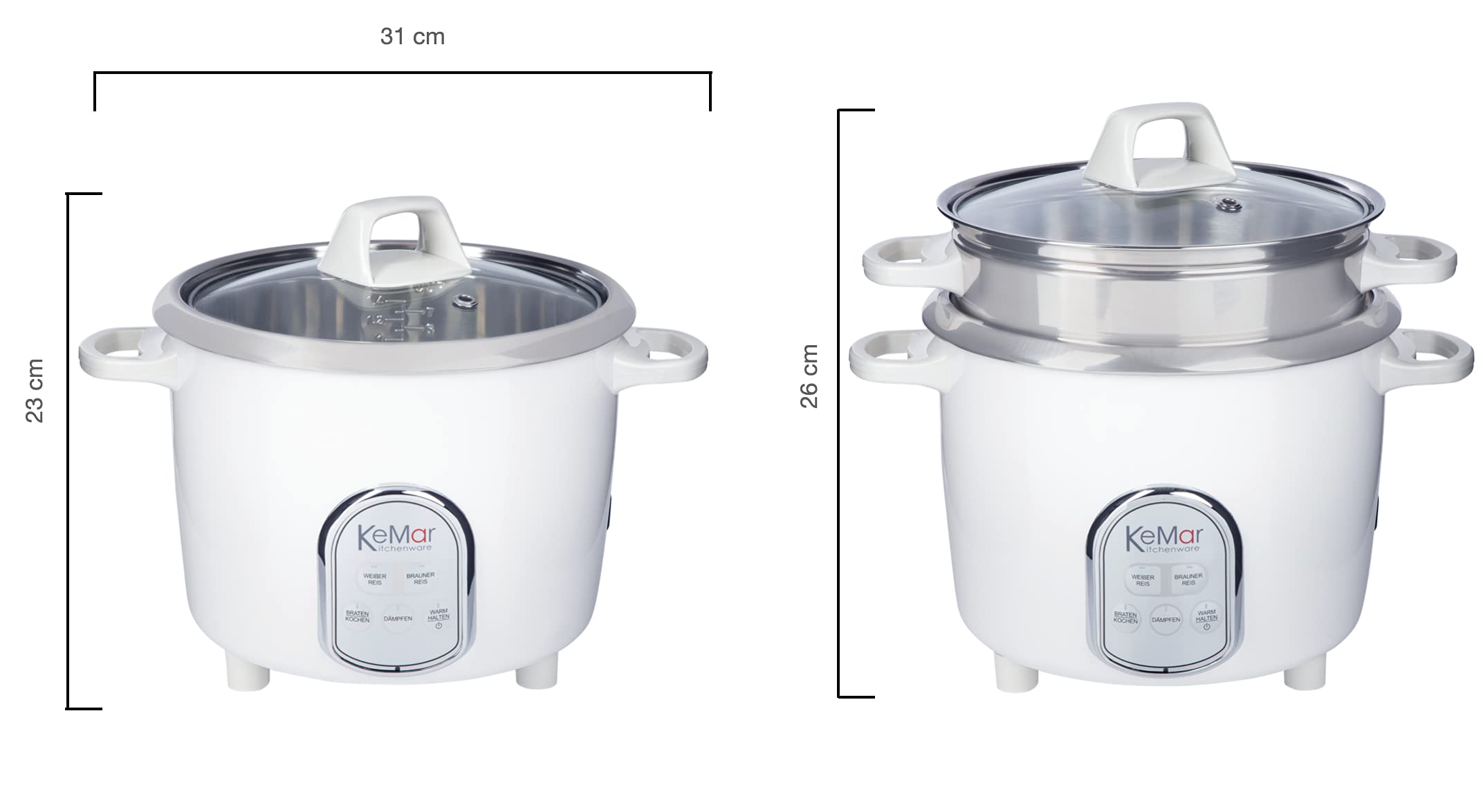 KeMar Reiskocher (5 Programme, 1,4L, 500W, Weiß) 7 Messbecher, Edelstahltopf & Glasdeckel - inkl. Dämpfeinsatz, Dampfgaren - Edelstahlschüssel, spülmaschinengeeignet, Warmhaltefunktion, KRC-175