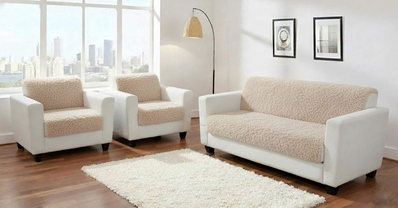 FABRIGAANZA Premium Faux Fur Rabbit Sofa Seat Cover for 5 Seater with Heavy Antiskid Backing | Sofa seat Runner for Couch | Home Living Area | (3 Seater + 1 Seater + 1 Seater) Beige-image-18