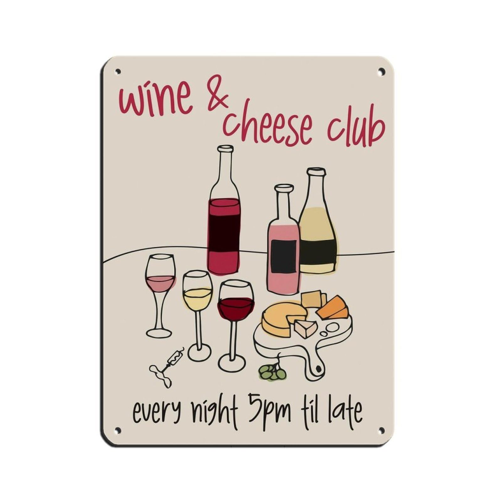 Hand Drawn Wine And Cheese Club Retro Poster Metal Tin Sign Chic Art Retro Iron Painting Bar People Cave Cafe Family Garage Poster Wall Decoration 12x16inch(30x40cm)