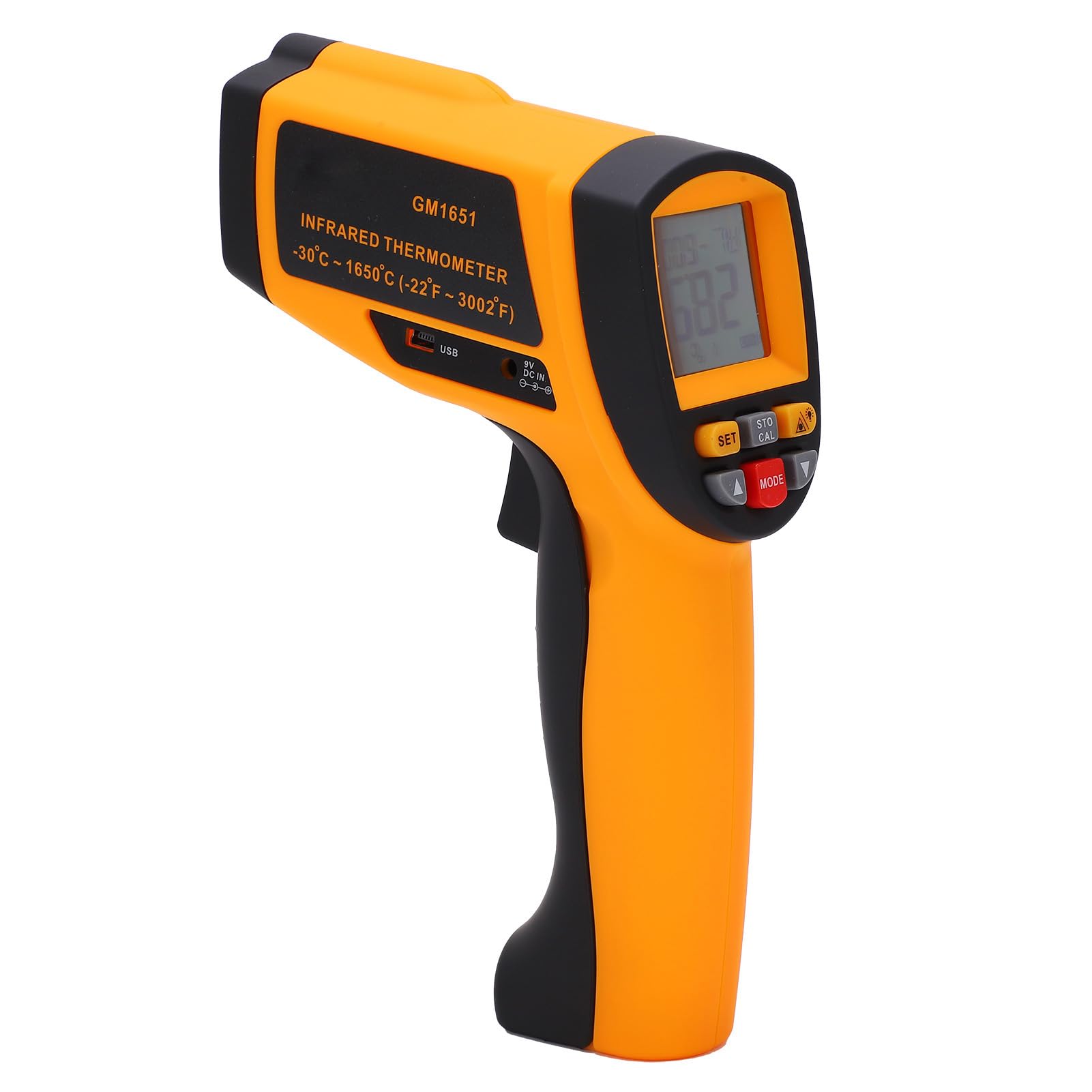 GM1651 Termómetro de mano infrarrojo sin contacto con posicionamiento láser de un solo punto y retroiluminación LCD para uso industrial - Rango de 30 a 1650 grados Celsius -